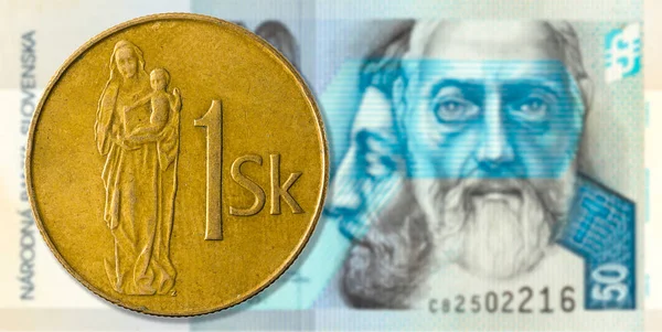 Slovenská Koruna Mince Proti Slovenská Koruna Líci Bankovky — Stock fotografie