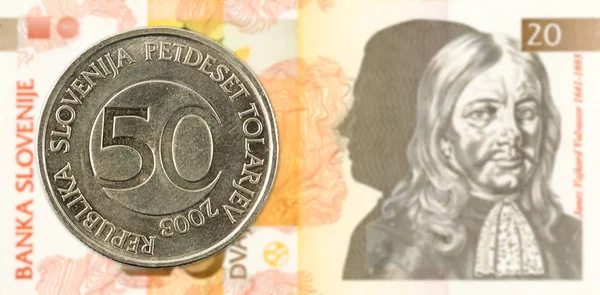 Словенська Tolar Монета Проти Словенська Tolar Банкнота Аверс — стокове фото