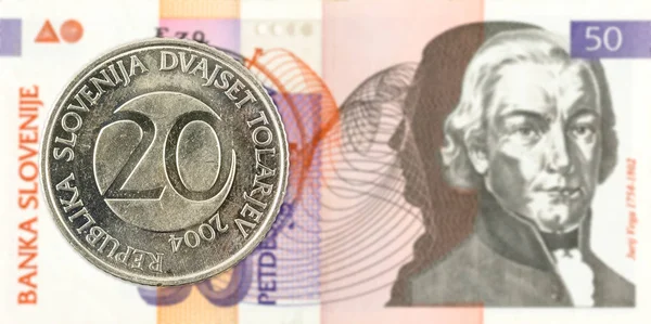 Словенська Tolar Монета Проти Словенська Tolar Банкнота Аверс — стокове фото
