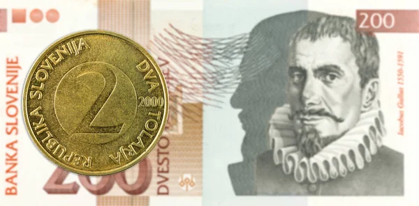 Словенська Tolar Монета Проти 200 Словенська Tolar Банкнота Аверс — стокове фото