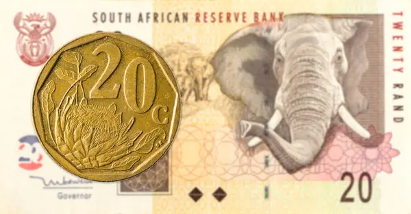 Moneta Aforika Południowej Afryki Przeciwko Banknot Rand Południowoafrykański — Zdjęcie stockowe