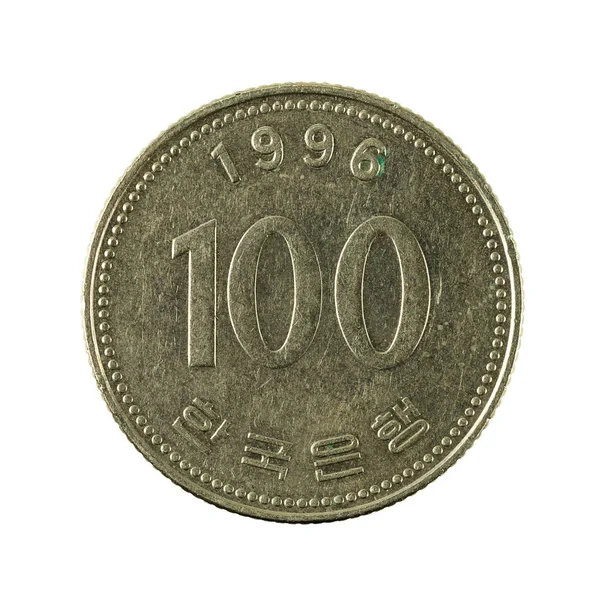 100 Gewonnen Van Zuid Koreaanse Munt 1996 Voorzijde Geïsoleerd Witte — Stockfoto