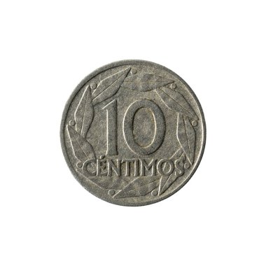 Beyaz arka plan üzerinde izole (1959) ön yüzde 10 İspanyol centimos sikke
