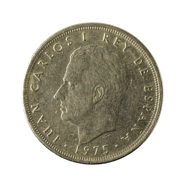 Ять Іспанських Песета Монети 1975 Ізольовані Білому Тлі — стокове фото