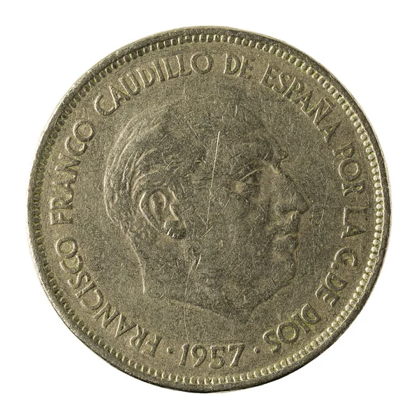 Spanish Peseta Coin 1957 Isolated White Background — Stock Photo, Image