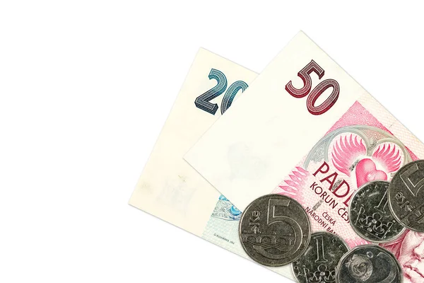 Twee Tsjechische Koruna Bankbiljetten Munten — Stockfoto