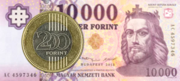 Mince 200 Maďarský Forint Proti Líci Bankovky 10000 Maďarský Forint — Stock fotografie