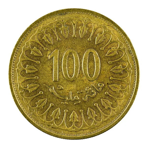 100 Tunisiska Millimes Mynt 2013 Isolerade Vit Bakgrund — Stockfoto
