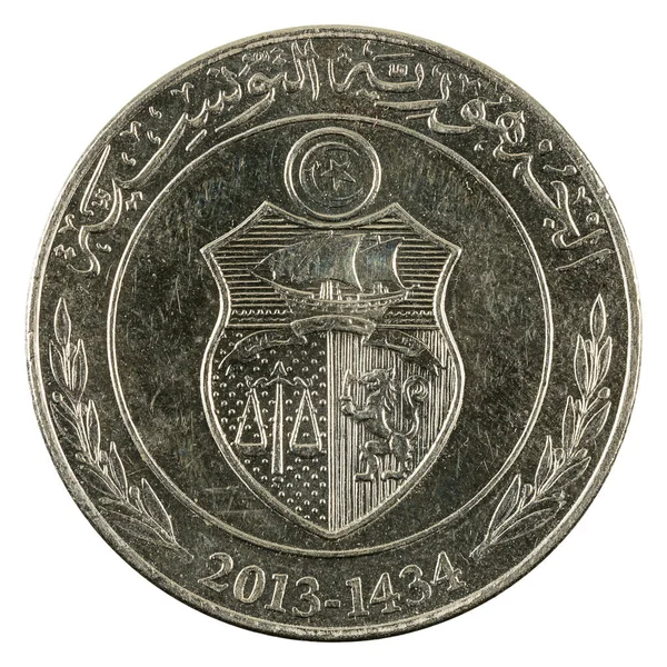 One Tunisian Dinar Coin 2013 Isolated White Background — Stock Photo, Image