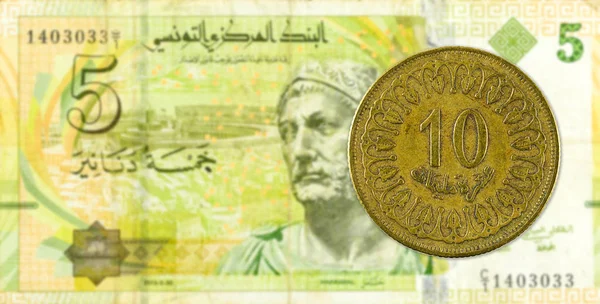 Moneta Millesimi Dollaro Tunisino Contro Banconota Dinari Tunisini — Foto Stock