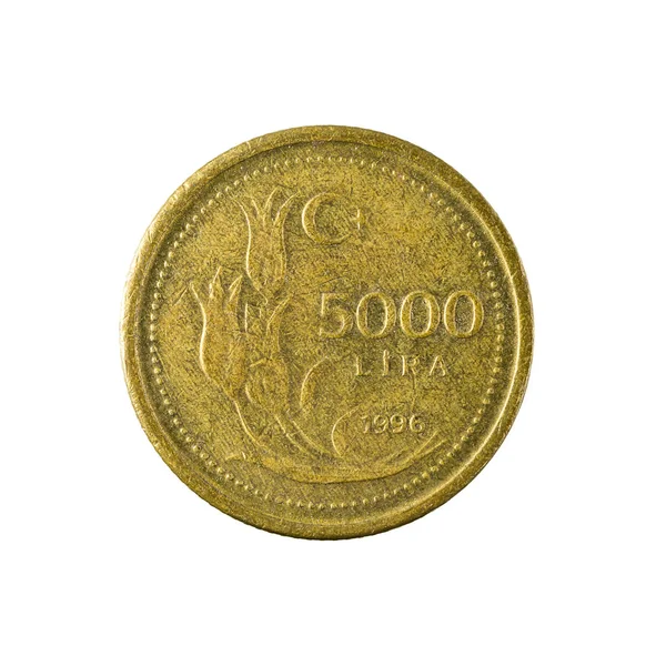 Moneda 5000 Liras Turcas 1996 Aislada Sobre Fondo Blanco —  Fotos de Stock
