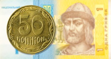 50 kopiyka jeton 1 Ukrayna hryvnia banknot ön yüzde karşı