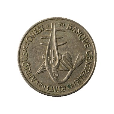Beyaz arka plan üzerinde izole 50 Orta Afrika Cfa Frangı sikke (1996) ters