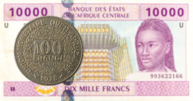 karşı 10000 Orta Afrika Cfa Frangı banknot ön yüzde 100 Orta Afrika Cfa Frangı para