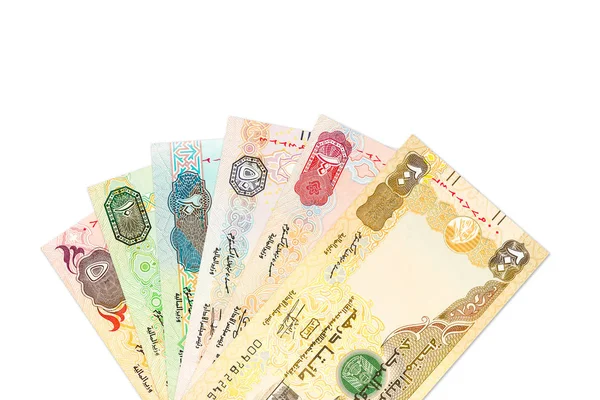 Aantal Bankbiljetten Van Verenigde Arabische Emiraten Dirham Geïsoleerd Witte Achtergrond — Stockfoto