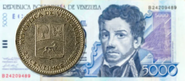 Moneda Centimos Contra 5000 Bolívares Venezolanos Azul Anverso — Foto de Stock