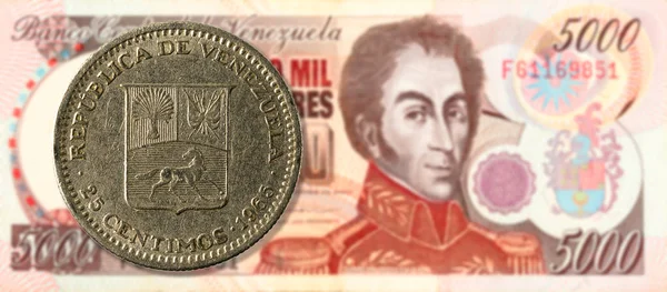 Centimos Mynt Mot 5000 Venezuelanska Bolivar Sedel Brun Åtsidan — Stockfoto