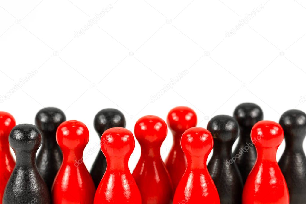 red and black halma cones with copyspace indicating majority ratios and group constelation