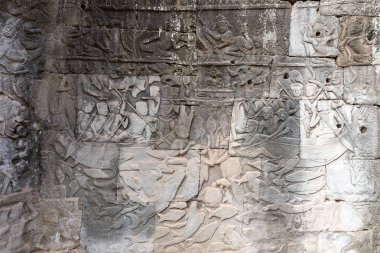 Her gün sahneler, Siem Reap, Kamboçya, Asya gösteriyor Angkor Thom tapınağında bir duvara oymalar