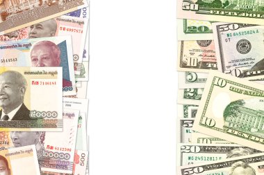 Kamboçyalı riel ve bize-Amerikan Doları banknot kopya alanı ile ikili ekonomik ilişkilerin gösteren