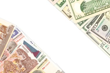 Kamboçyalı riel ve bize-Amerikan Doları banknot kopya alanı ile ikili ekonomik ilişkilerin gösteren