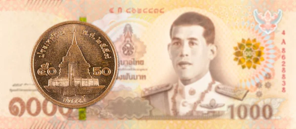 Κέρμα Satang Ταϊλάνδης Κατά 1000 Νέο Τραπεζογραμμάτιο Μπατ Ταϊλάνδης — Φωτογραφία Αρχείου