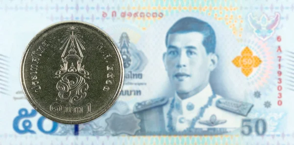 Nový Thajský Baht Mince Proti Nový Thajský Baht Bankovek — Stock fotografie