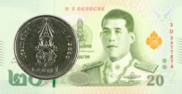 Нова Монета Тайського Бат Проти Нової Банкноти Тайського Бат — стокове фото