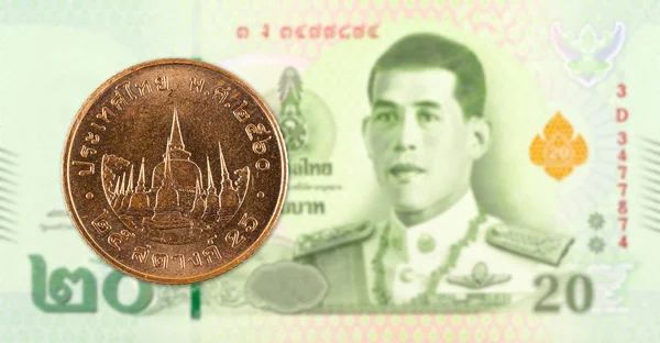 Thailändische Satang Münze Gegen Neue Thailändische Baht Banknoten — Stockfoto