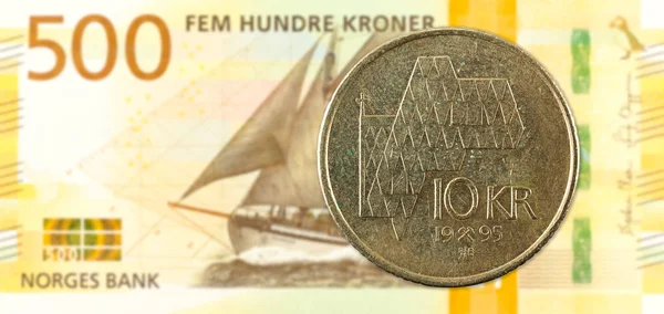 Mince Norská Koruna Proti 500 New Norské Krone Bankovek — Stock fotografie