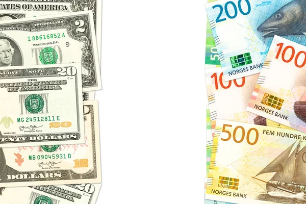 Новые Норвежские Кроны Банкноты Долларах Сша Указывают Двусторонние Экономические Отношения — стоковое фото