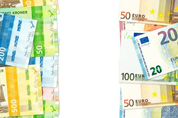 Nowy Norweski Korona Duńska Euro Banknoty Wskazując Dwustronnych Stosunków Gospodarczych — Zdjęcie stockowe