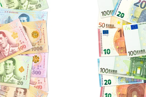 一些泰铢和欧元的纸币 表明贸易关系与复制空间 — 图库照片