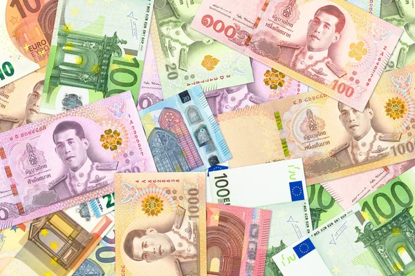 Algunos Billetes Tailandeses Euros Que Indiquen Relaciones Comerciales — Foto de Stock