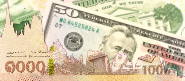 新1000泰铢对美元钞票与下降图表明贸易关系 — 图库照片