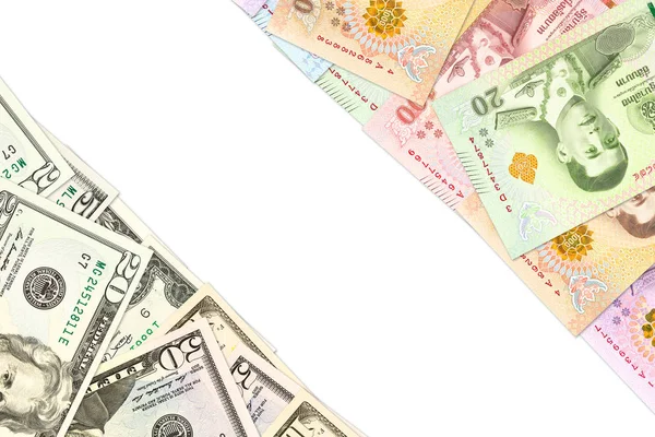 Some Thai Baht Dollar Banknotes Indicating Trade Relations Copyspace — Stock Photo, Image