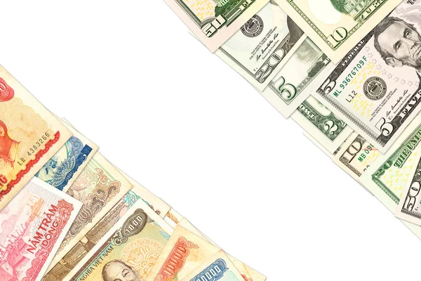 Einige Vietnamesische Dong Banknoten Und Dollar Banknoten Mit Copyspace Die — Stockfoto