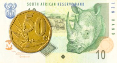 10 güney Afrika rand bankasına karşı 50 güney Afrika aforika sikkesi