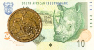 10 güney Afrika rand bankn karşı 5 güney Afrika aforika sikke