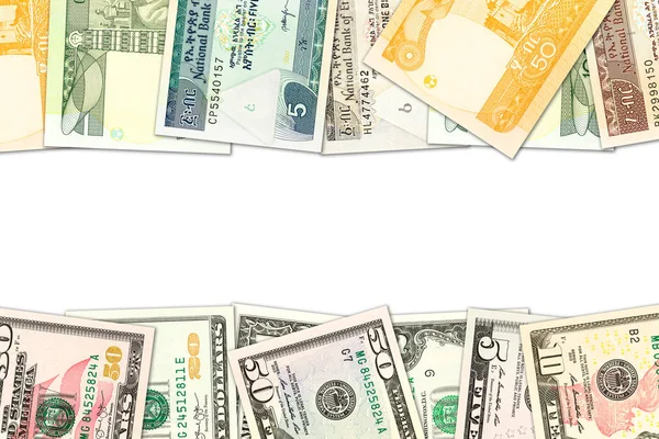 Einige äthiopische Birr-Banknoten und US-Dollar-Banknoten mit Kopien — Stockfoto