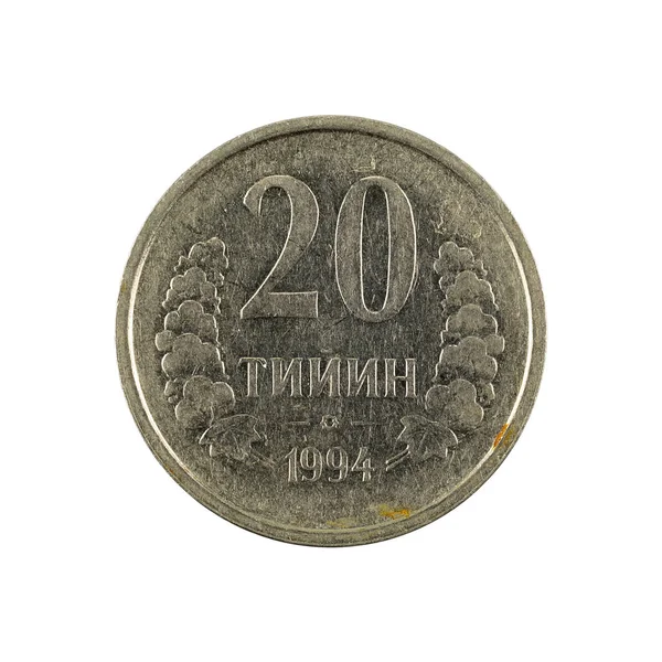 20 Uzbeque tiyin coin (1994) anverso isolado sobre fundo branco — Fotografia de Stock