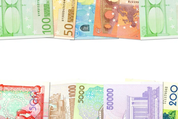 Some Uzbek Som banknotes and Euro banknotes indicating bilateral — Stock Photo, Image
