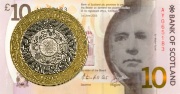 2 Pounds coin against 10 Pounds Sterling note issued by Bank of