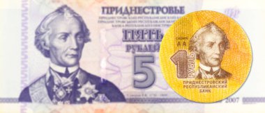 5 transnistrian ruble banknot karşı 1 transnistrian ruble sikke