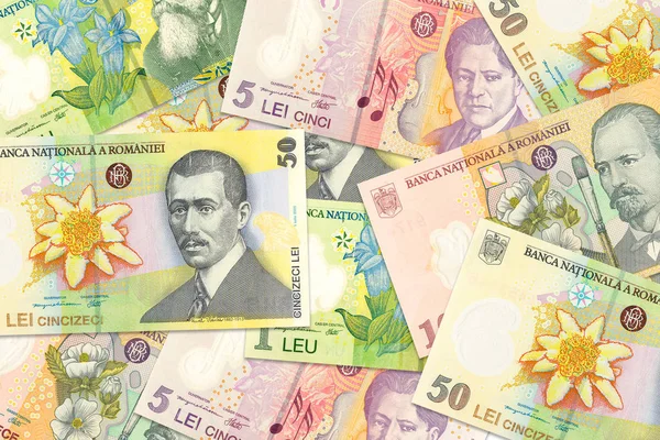 Algumas notas de leu romenas misturadas indicando economia crescente — Fotografia de Stock