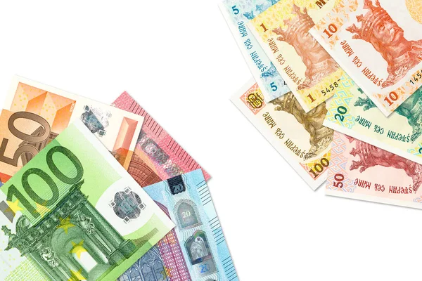 Algumas notas de leu moldavas e notas de euro que indicam bilato — Fotografia de Stock