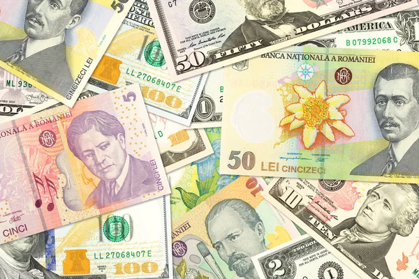 Some romanian leu banknotes and american dollar banknotes mixed — Stock Photo, Image