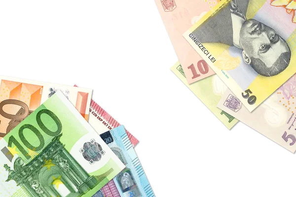 Algunos billetes de leu rumanos y billetes en euros que indiquen bilatos — Foto de Stock