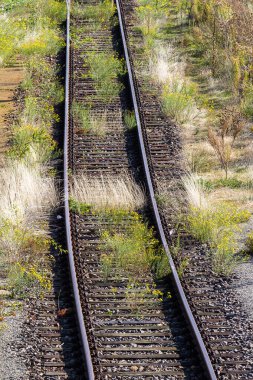 Loebau, Saksonya, Almanya 'da eski ahşap kalasları olan aşırı gelişmiş raylar.