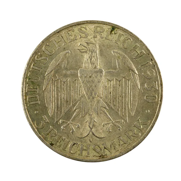 白地に分離されたドイツのレヒスマルク硬貨3枚 1929年 — ストック写真